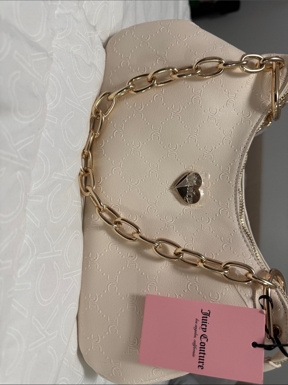 Juicy Couture Cream Shoulder Bag with Gold Heart Lock and Chain